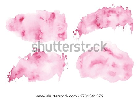 Soft Pink Watercolor Splashes Set. Painted watercolour blot with stains and ink drops, isolated on white background. Vector illustration
