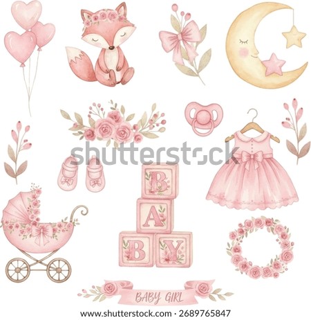 Soft pink watercolor vector set featuring baby girl dress, stroller, fox, floral wreaths, balloons, and toys. Perfect for nursery prints, invitations, and baby shower decorations.