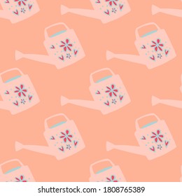 Soft pink watering can silhouettes seamless pattern. Gardenn tool ornament on light orange background. Great for wallpaper, textile, wrapping paper, fabric print. Vector illustration.