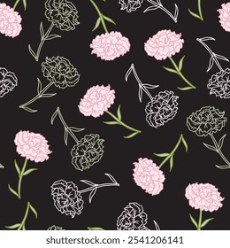 Soft Pink White Carnation Silhouette Pattern Art. This seamless pattern features carnation flower stalks, creating a delicate and nature-inspired design perfect for various creative projects.