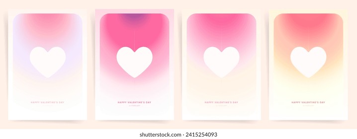 Diseños suaves de San Valentín en blanco y rosa. Afiches de degradado mínimo con corazones cortos. Plantillas románticas para celebraciones y regalos de vacaciones.