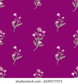 Soft Pink Wildflower Sprigs and Green Leaves on a Rich Magenta Purple Seamless Pattern designed for wallpaper, textile, fabric print, wrapping paper, decoration.