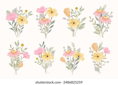 soft pink yellow floral watercolor bouquet collection