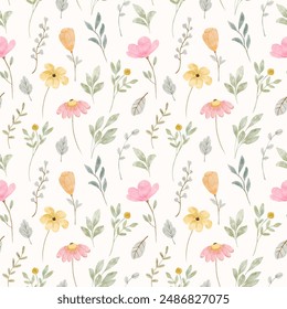 soft pink yellow floral watercolor seamless pattern