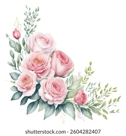 Soft pink and yellow roses bouquet with green leaves, perfect for weddings and celebrations. Watercolor roses arrangement with soft pink tones and greenery, ideal for romantic designs.