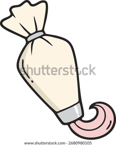 A soft piping bag with a metal tip dispensing a swirl of pink icing for decorating cakes and cookies