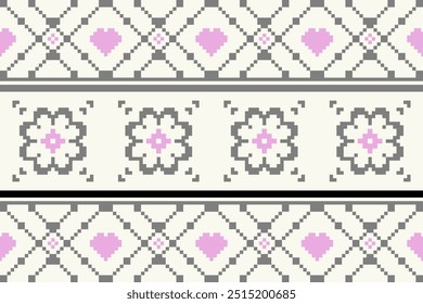 A soft pixel design with pink hearts and gray floral motifs, adding a touch of romance and vintage charm to textiles or digital projects.