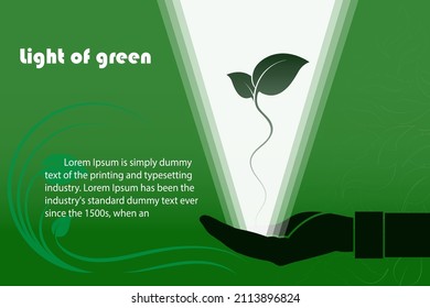 Soft Plants in abstract hands with spotlight low polygon style, green card design,vector illustration