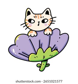 Soft and playful graphic sticker of a kitten sitting on a blooming flower. Great for creative printables, cute character sets or adorable floral-themed compositions.