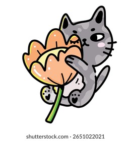 Soft and playful graphic sticker of a kitten playing with a blooming flower. Great for creative printables, cute character sets or adorable floral-themed compositions.