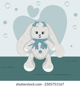 Soft plush bunny toy on a white background with blue hearts. Valentines day poster with cute rabbit. Vector illustration.