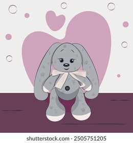 Juguete suave del conejo de la felpa en un fondo blanco con los corazones rosados. Cartel del día de San Valentín con conejo lindo. Ilustración vectorial.