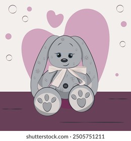 Soft plush bunny toy on a white background with hearts. Valentines day poster with cute rabbit. Vector illustration.