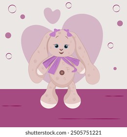 Juguete suave del conejo de la felpa en un fondo blanco con los corazones rosados. Anuncio del día de San Valentín con conejo lindo. Afiche de Ilustración vectorial