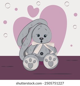 Soft plush bunny toy on a white background with pink hearts. Valentines day banner with cute rabbit. Vector illustration.