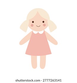 A soft plush rag doll featuring white hair tied in pigtails and a pastel pink dress with a white collar. The figure has a simple smiling face with pink cheeks. Isolated on a white background, this toy is ideal for nursery decor, children's retail branding, and baby shower invitations.