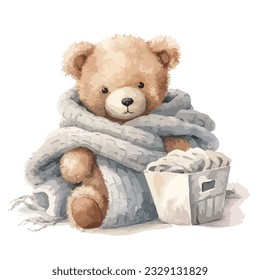 soft plush teddy bear wearing warm blanket toy for baby in watercolor illustration