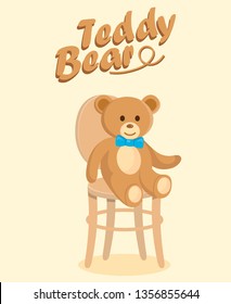 Soft Plush Toy with Bow tie Flat Vector Drawing. Cute Teddy Bear Character Cartoon Illustration with Lettering. Stuffed Plaything on Chair. Toy Store, Gift Shop Color Poster Template
