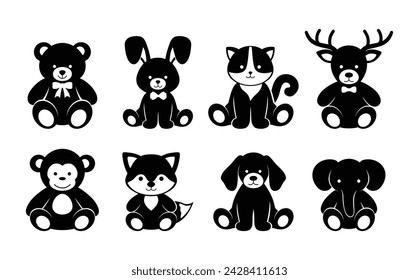 Soft plush toys Set. Cute animal icons. Vector illustration.