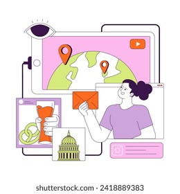 Soft power. Global connectivity and cultural exchange. Digital platform for international communication. Tourism marketing. Flat vector illustration