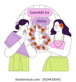 Soft power. Global connectivity and cultural exchange. International communication. Thai and Hawaiian women exchanging traditional greetings. Flat vector illustration