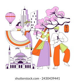 Soft power. Global connectivity and cultural exchange. International communication, cultural diversity festival. Joyful characters in traditional clothes. Flat vector illustration