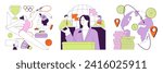 Soft power set. Global connectivity and cultural exchange. International communication. Different countries cooperation, peace and unity. Flat vector illustration