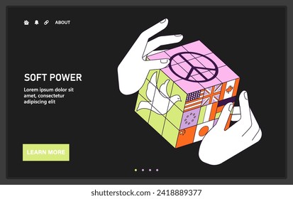 Soft power web or landing dark or night mode. Global connectivity and collaboration. International communication. Different countries consensus for peace and unity. Flat vector illustration