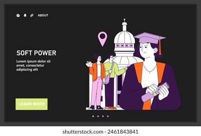 Soft power web or landing dark or night mode. Global communication and cultural exchange. Student exchange program. Graduated character holding diploma. Open university opportunity. Flat vector
