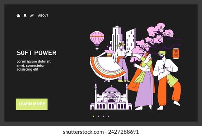 Soft power web or landing. Global connectivity and cultural exchange. International communication, cultural diversity festival. Joyful characters in traditional clothes. Flat vector illustration