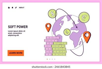 Soft-Power-Web oder -Landung. Globale Konnektivität und internationale Zusammenarbeit. In: Global Trade and Economics. Globalisierung des Kapitals. Währungsumtausch und Bankwesen. flache Vektorillustration