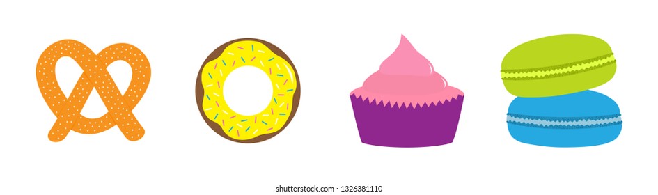 Soft pretzel, donut, cupcake, macaron or macaroon icon. Sweet bakery pastry set line. Cute cartoon collection. Fast food snack. Isolated. White background. Flat design. Vector illustration