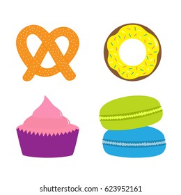 Soft pretzel, donut, cupcake, macaron or macaroon icon. Sweet bakery pastry set. Cute cartoon collection. Fast food snack. Isolated. White background. Flat design. Vector