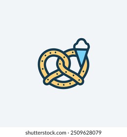 Soft pretzel with ice cream cone. Illustration of a soft pretzel with a cone of ice cream on top, perfect for a sweet treat or snack.