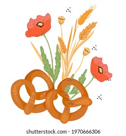 Soft Pretzels grouped with cereal ears and poppy flowers, flat vector illustration isolated on white background. Traditional pretzel and bretzel bakery item. Logo for bakery or packaging.