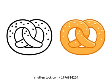 Soft pretzels, traditional German bakery snack. Black and while icon and color drawing. Isolated cartoon vector illustration.