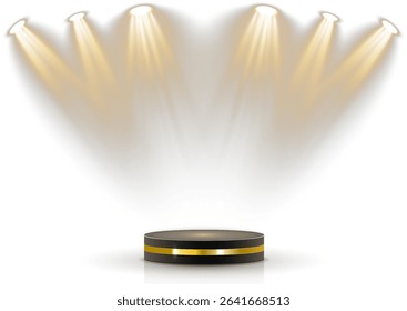 Soft projector illuminates empty display. Circular beam isolates product mockup. Scene lighting enhances realistic vector depth. Backlit glow outlines digital theater space. 