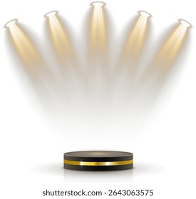 O projetor suave ilumina a tela vazia. O feixe circular isola a maquete do produto. A iluminação da cena melhora a profundidade realista do vetor. O brilho com iluminação traseira delineia o espaço do cinema digital. 