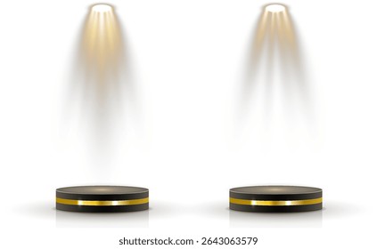 Soft projector illuminates empty display. Circular beam isolates product mockup. Scene lighting enhances realistic vector depth. Backlit glow outlines digital theater space. 