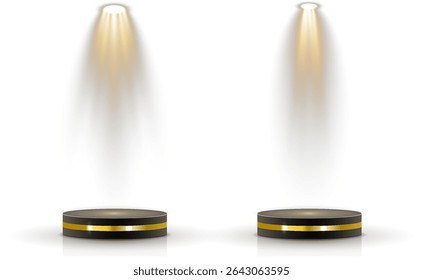 O projetor suave ilumina a tela vazia. O feixe circular isola a maquete do produto. A iluminação da cena melhora a profundidade realista do vetor. O brilho com iluminação traseira delineia o espaço do cinema digital. 