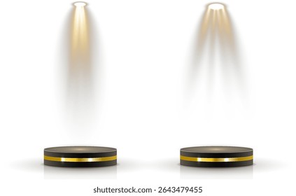 O projetor suave ilumina a tela vazia. O feixe circular isola a maquete do produto. A iluminação da cena melhora a profundidade realista do vetor. O brilho com iluminação traseira delineia o espaço do cinema digital. 