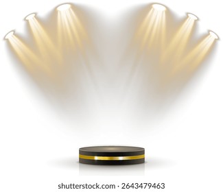 O projetor suave ilumina a tela vazia. O feixe circular isola a maquete do produto. A iluminação da cena melhora a profundidade realista do vetor. O brilho com iluminação traseira delineia o espaço do cinema digital. 