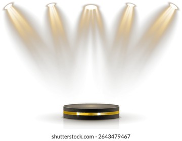 O projetor suave ilumina a tela vazia. O feixe circular isola a maquete do produto. A iluminação da cena melhora a profundidade realista do vetor. O brilho com iluminação traseira delineia o espaço do cinema digital. 