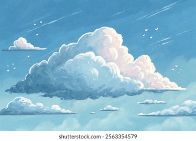 Soft, puffy clouds float against a vibrant blue background, evoking a whimsical feel.