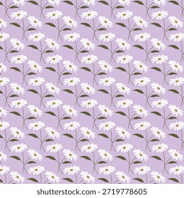 Fundo roxo macio com repetição de flores brancas margaridas.