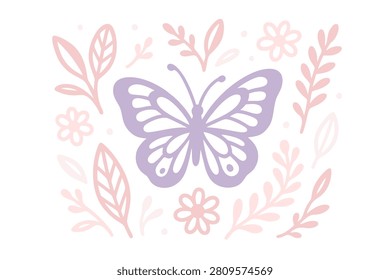 Soft purple butterfly illustration surrounded by delicate pink floral elements and hand drawn leaves on a clean white background design
