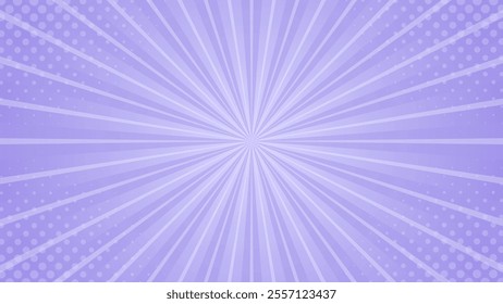 Soft purple comic sunburst effect background with halftone. Pop art comic-style vector background. Suitable for templates, sale banners, events, ads, web and pages