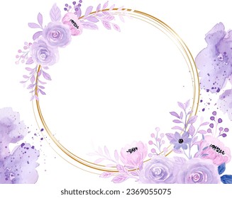 Soft purple floral watercolor with gold circles for wedding, birthday, card, background, invitation, wallpaper, sticker, decoration etc.