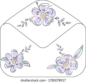 Soft purple flowers on envelope, concept, sketch, flat and simple vector illustration
