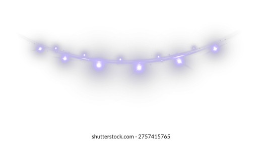 Soft purple glowing garland string with small lights and sparkles arranged in a gentle curve, festive decorative illumination isolated on light background.